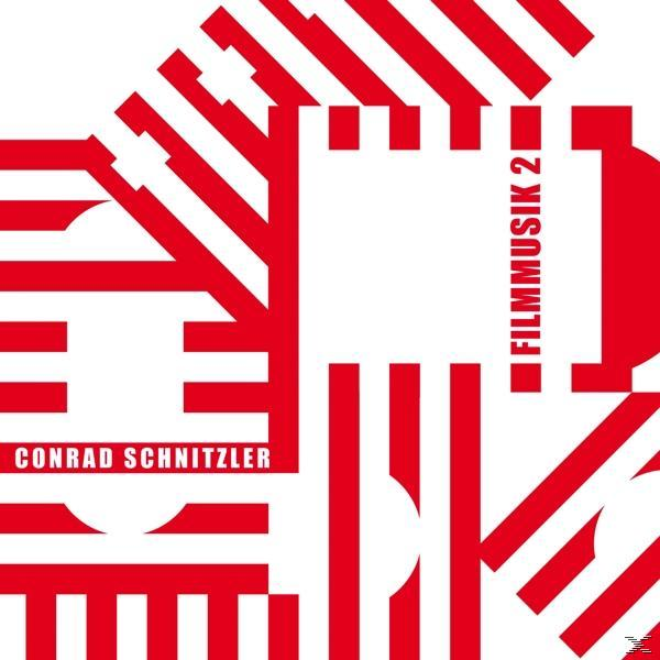 Albumcover, rot-weißes geometrisches Design mit Text: Conrad Schnitzler, FILMMUSIK 2.