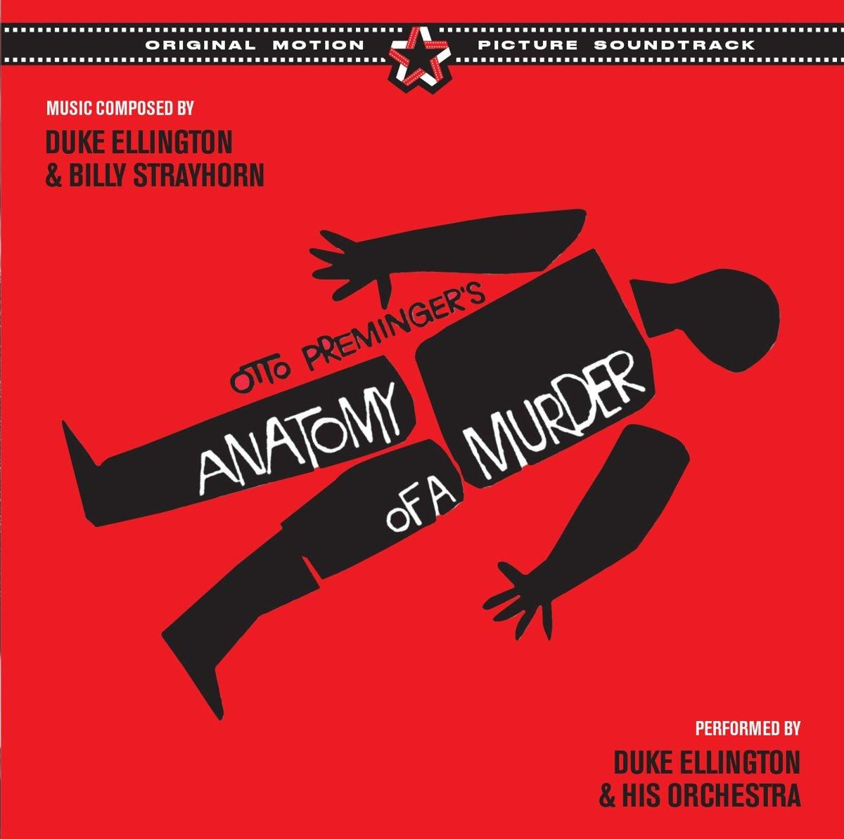 Filmposter für "Anatomy of a Murder". Eine stilisierte Grafik zeigt einen Körper und Text in Weiß auf rotem Hintergrund.