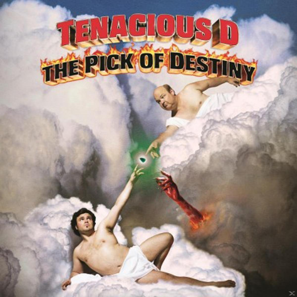Albumcover für Tenacious D: The Pick of Destiny. Zwei Männer in Wolken, einer greift nach einem leuchtenden Objekt.