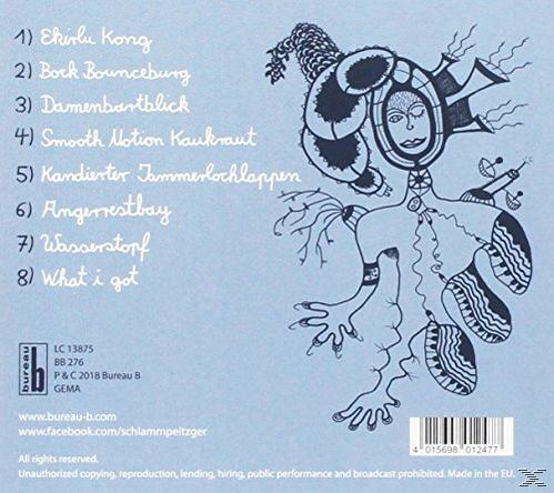 Album-Rückcover-Art mit Songtiteln und einer seltsamen, illustrierten Figur mit hellblauem Hintergrund.