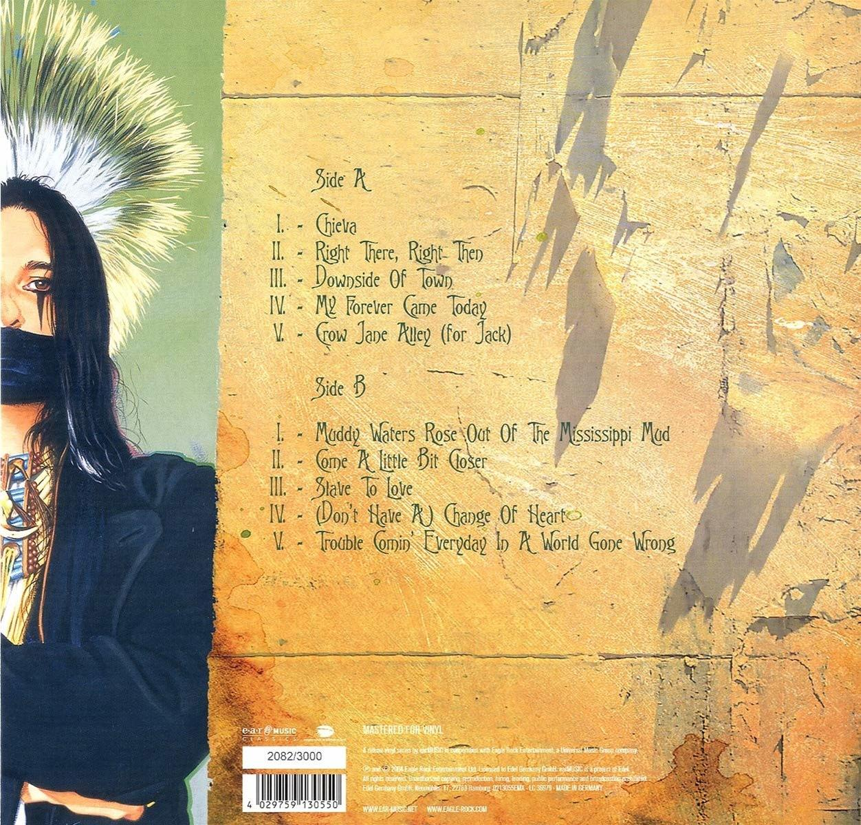 Albumcover mit einer indianischen Figur und einer Titelliste an einer Wand.