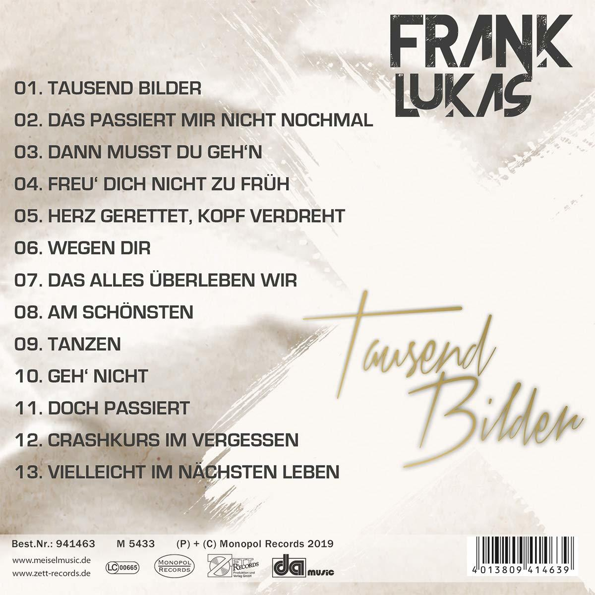 CD-Rückseite mit Titelliste auf Deutsch. Frank Lukas steht oben. Weißes, goldenes und schwarzes Design.