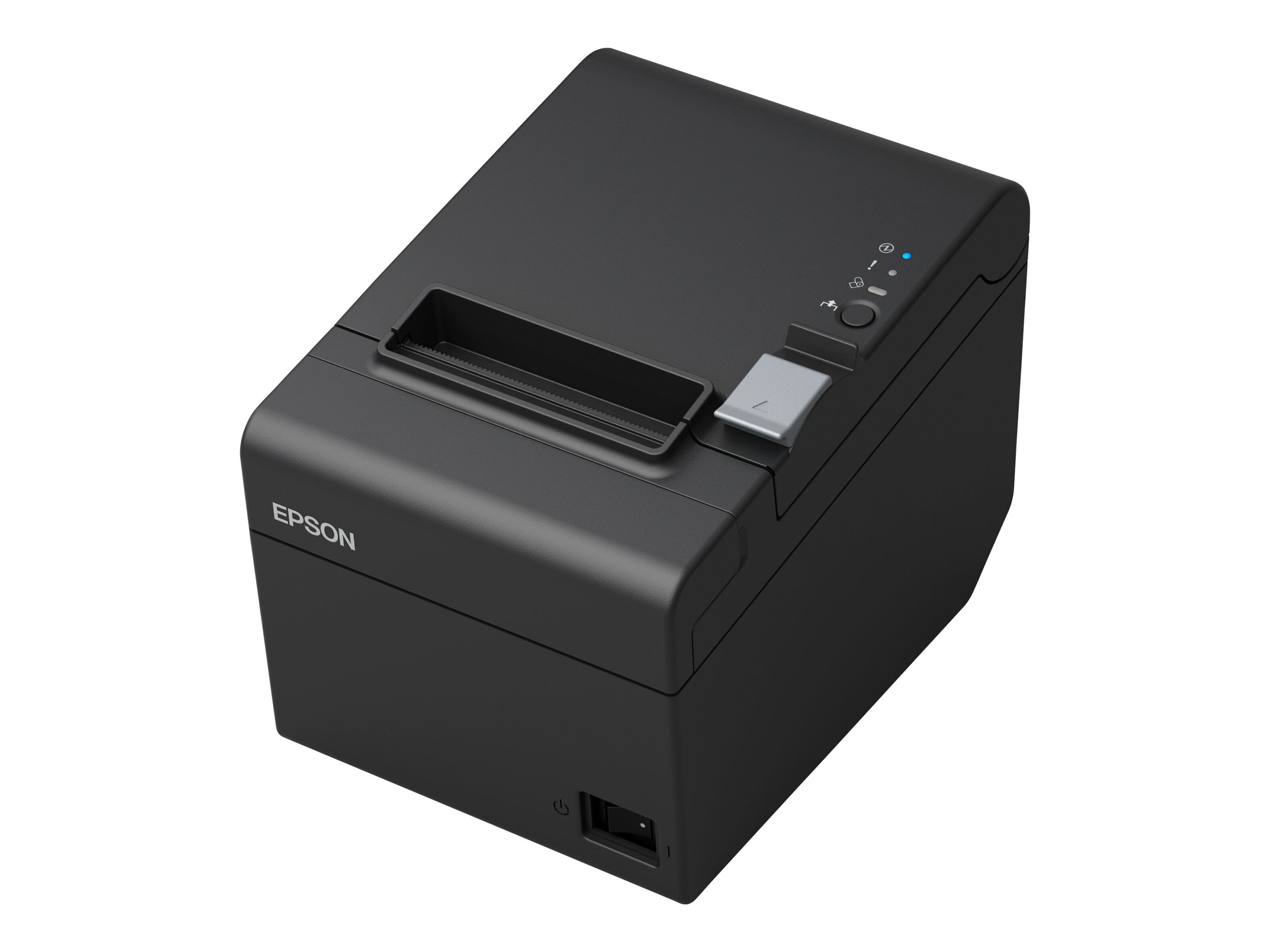 Schwarzer Epson Thermodrucker mit einem kleinen Papierfach. Der Hintergrund ist weiß. Der Drucker ist sauber.