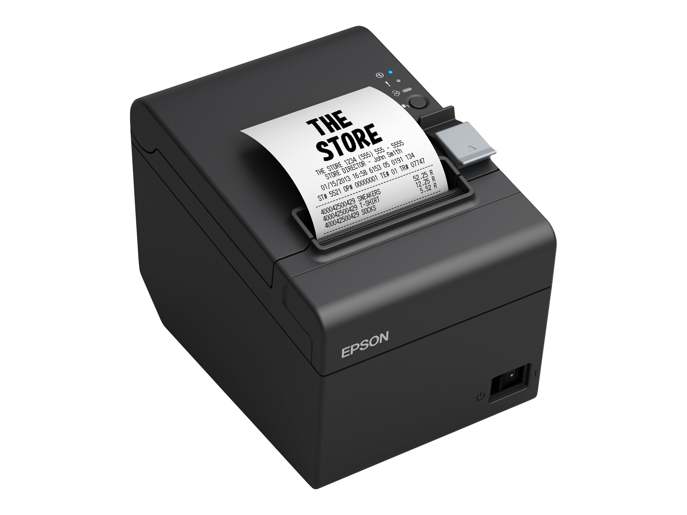 Schwarzer Epson Thermodrucker mit einem ausgehenden Beleg. Der Beleg sagt "THE STORE". Weißer Hintergrund.