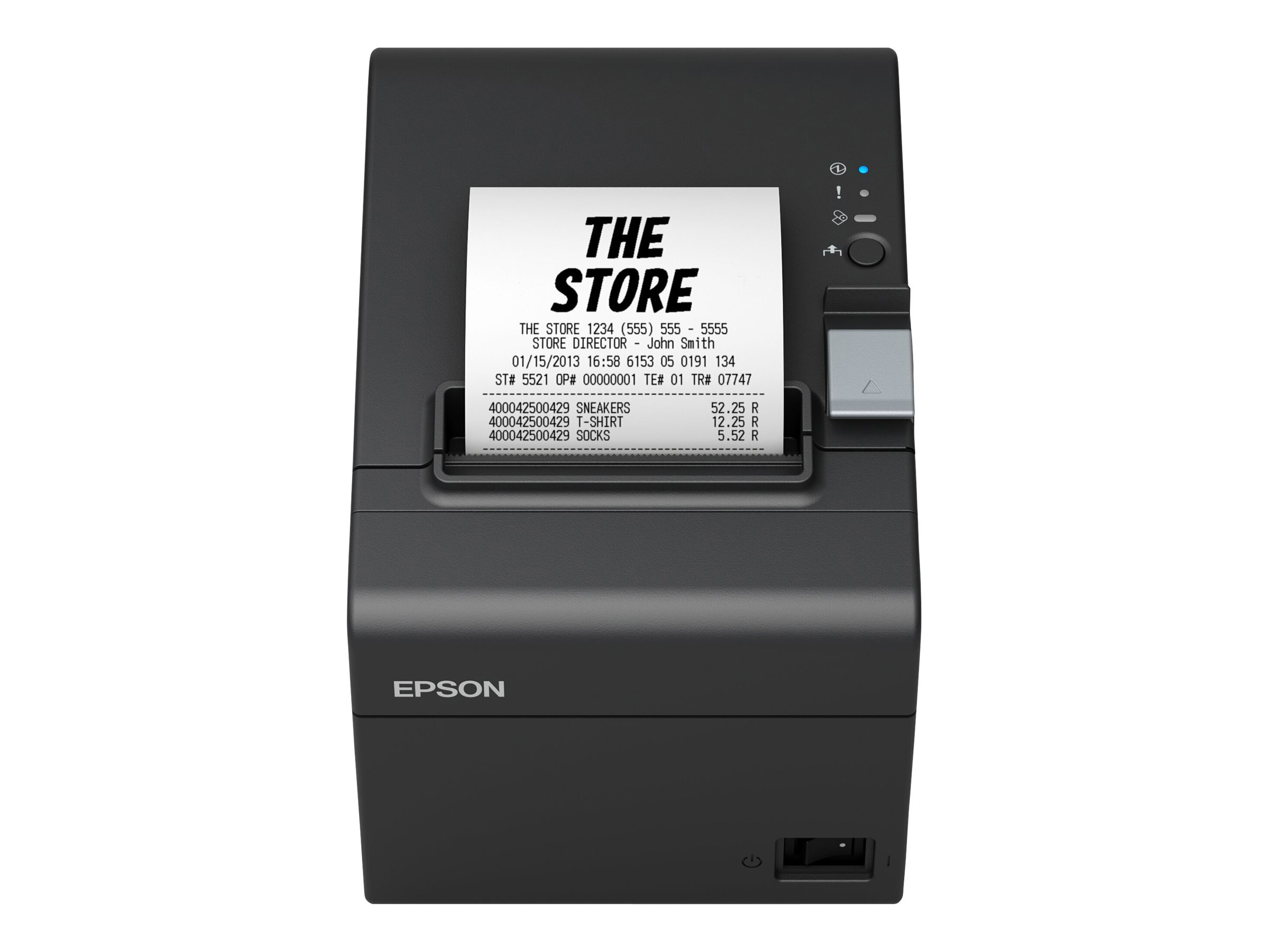 Ein schwarzer EPSON-Belegdrucker mit einem gedruckten Beleg mit Store-Details.
