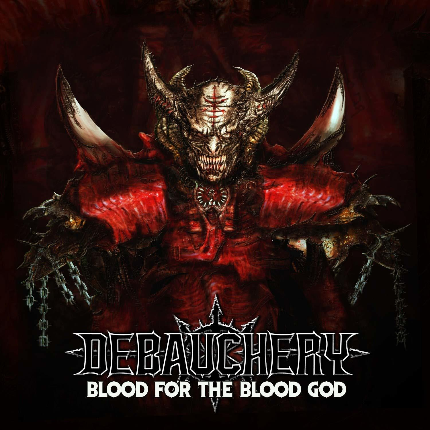 Albumcover: Dämon mit Hörnern und Ketten, Text 'Debauchery - Blood For The Blood God'.