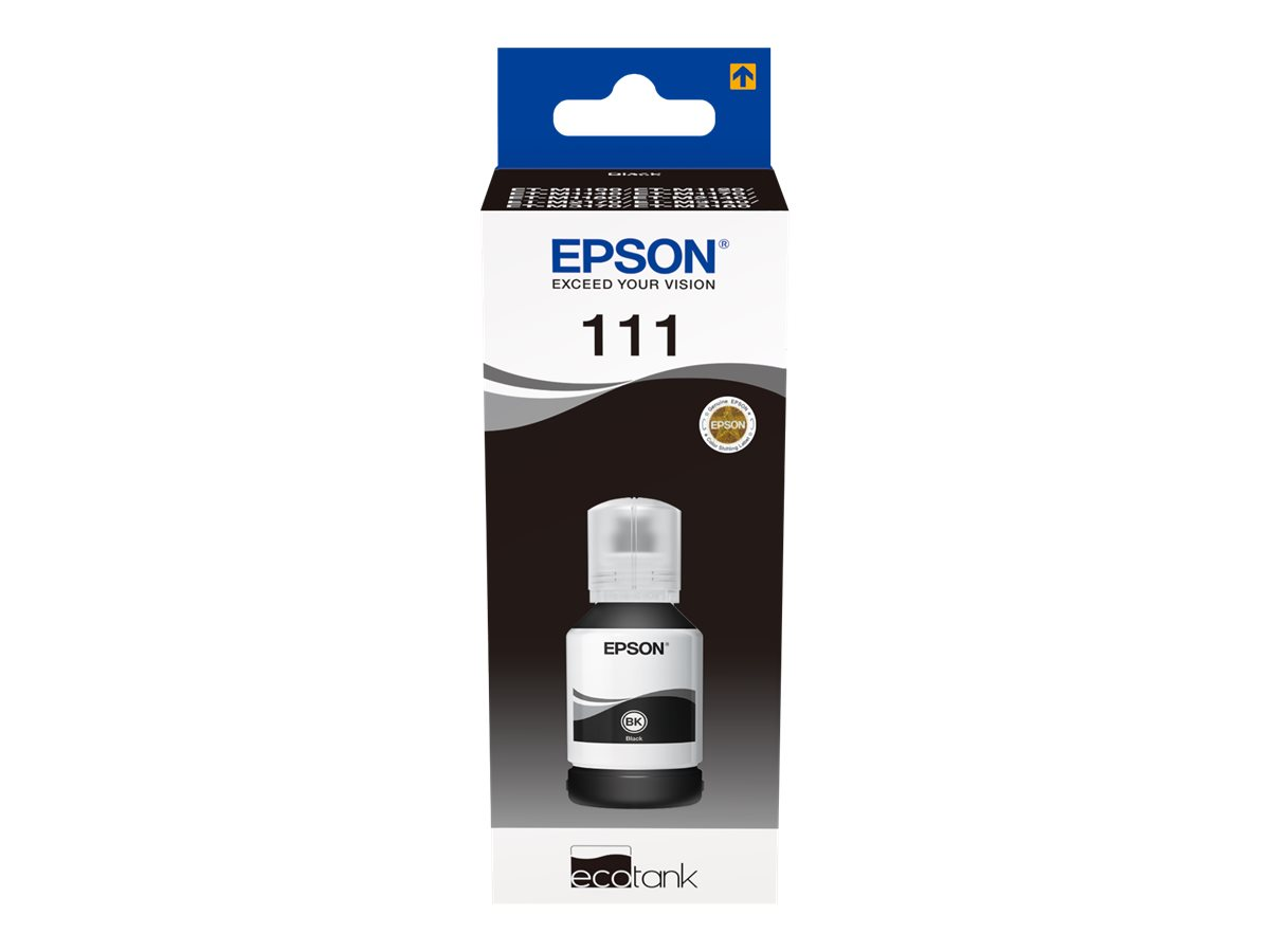 Schwarze Tintenflasche, Epson 111, in einer weiß-schwarzen Epson-Markenbox.