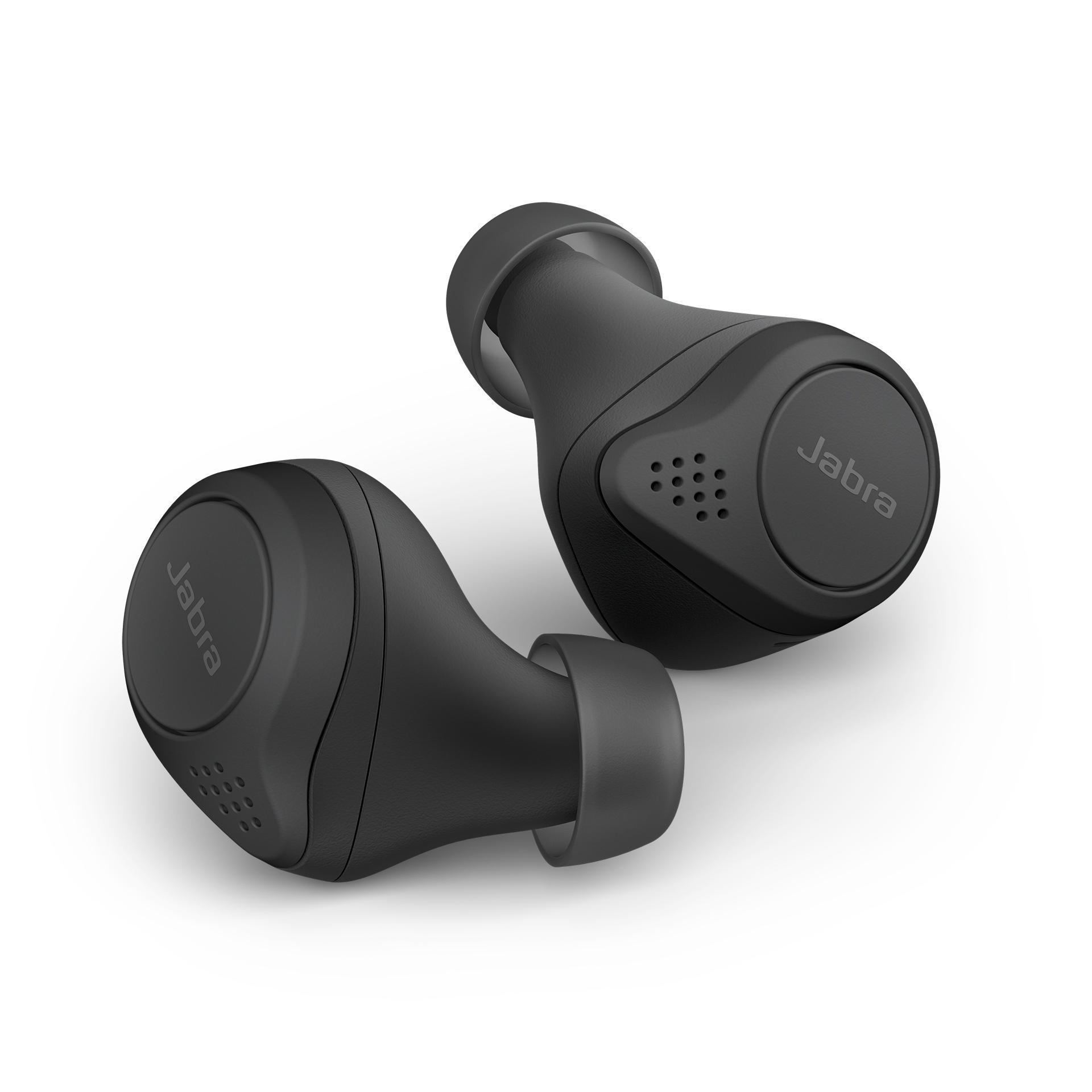 Schwarze Jabra Ohrhörer. Zwei Ohrhörer, isoliert auf weißem Hintergrund. Modernes Design.