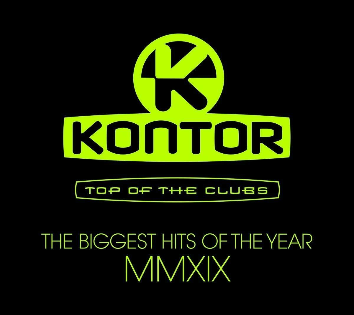 Albumcover mit grünem Text: Kontor, Top of the Clubs, The Biggest Hits of the Year MMXIX, schwarzer Hintergrund.