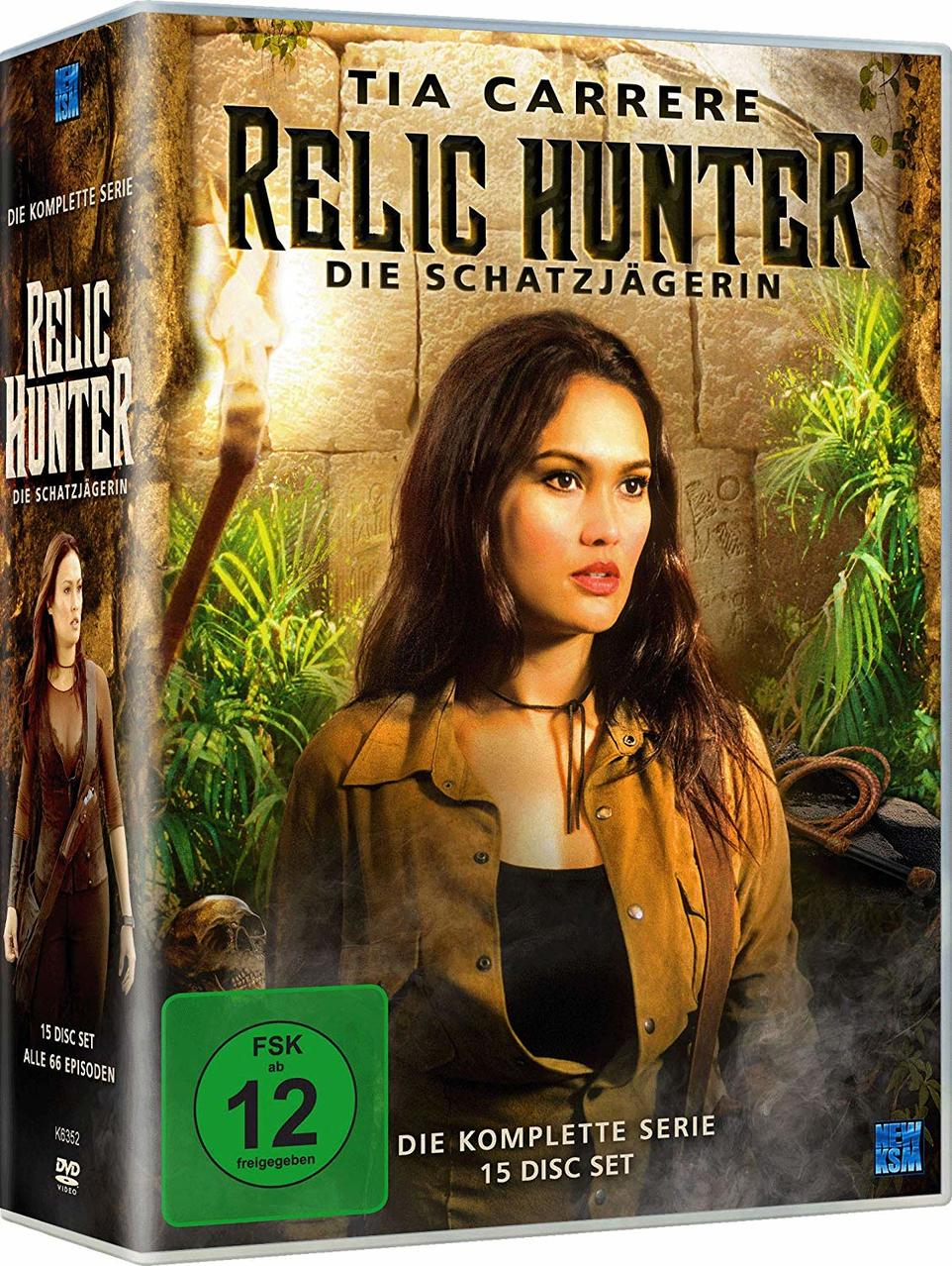 Eine DVD-Hülle mit einer Frau darauf. Der Titel lautet Relic Hunter. Die Box ist grün und hat Text darauf.