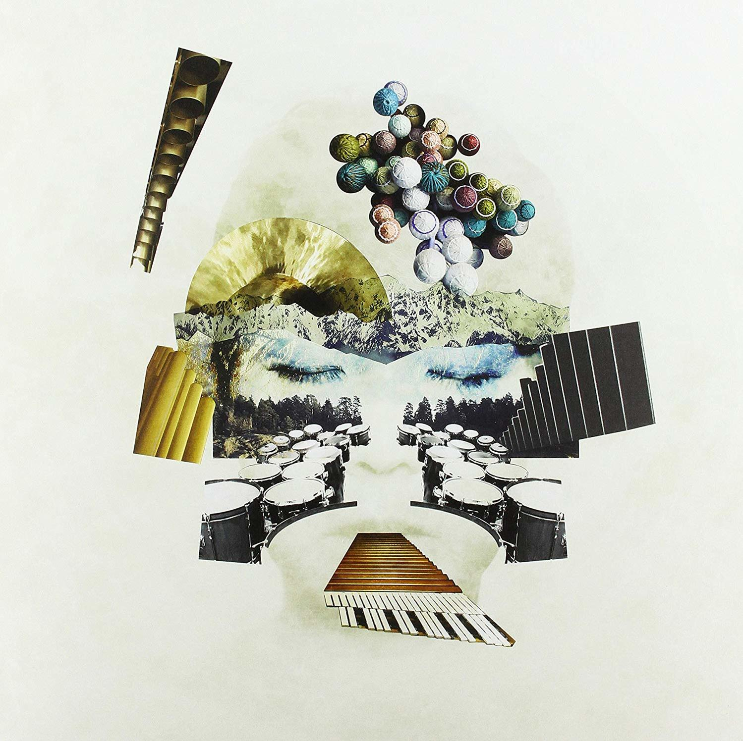 Collage: Gesicht, Trommeln, Augen, Berge, Becken, Keyboard und Kugeln, alles in surrealer Komposition.