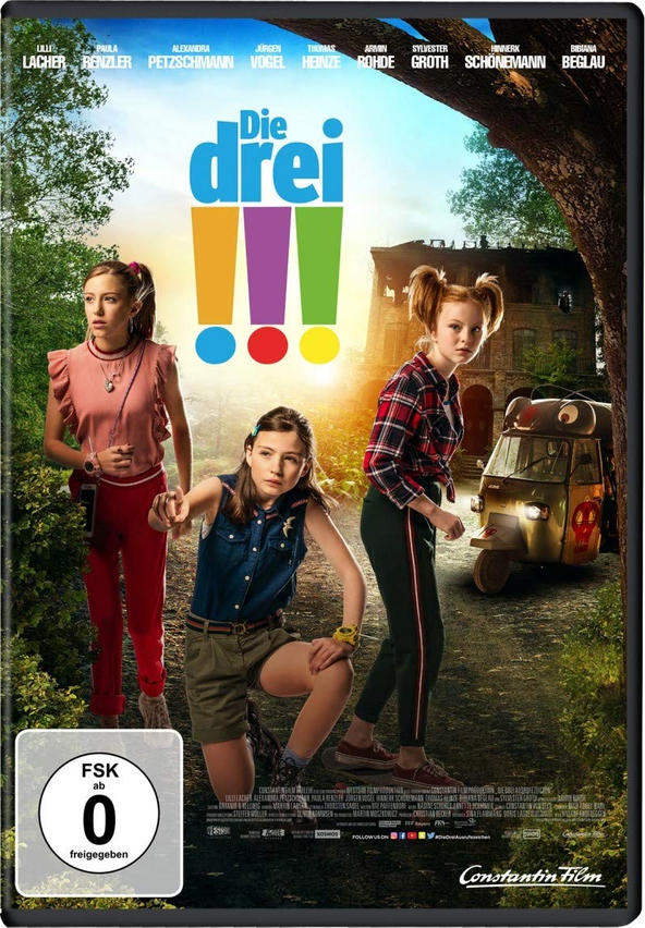 Filmposter. Drei Mädchen, eines zeigt, mit Text: Die Drei !!!, FSK 0.