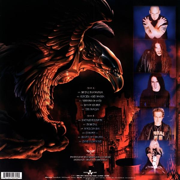 Metal-Albumcover. Adler-Grafik und Bandmitgliederfotos. Titelliste enthält 'Metal is Forever' und 'Sacred Illusion'.