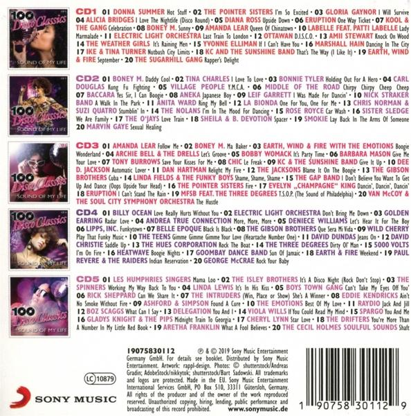 CD-Cover: Verschiedene Künstler, 100 Disco Classics mit Titelliste. Logo, Sony Music und Sound of My Life.