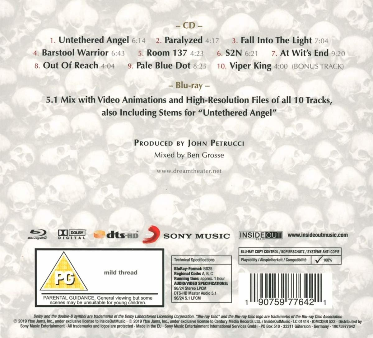 CD-Cover mit Totenkopf-Hintergrund. Titelliste enthält 'Untethered Angel', 'Fall Into The Light' und 'Viper King'.