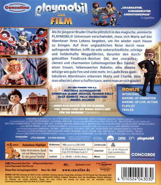 Rückseite einer DVD-Hülle mit Playmobil-Charakteren und Text.