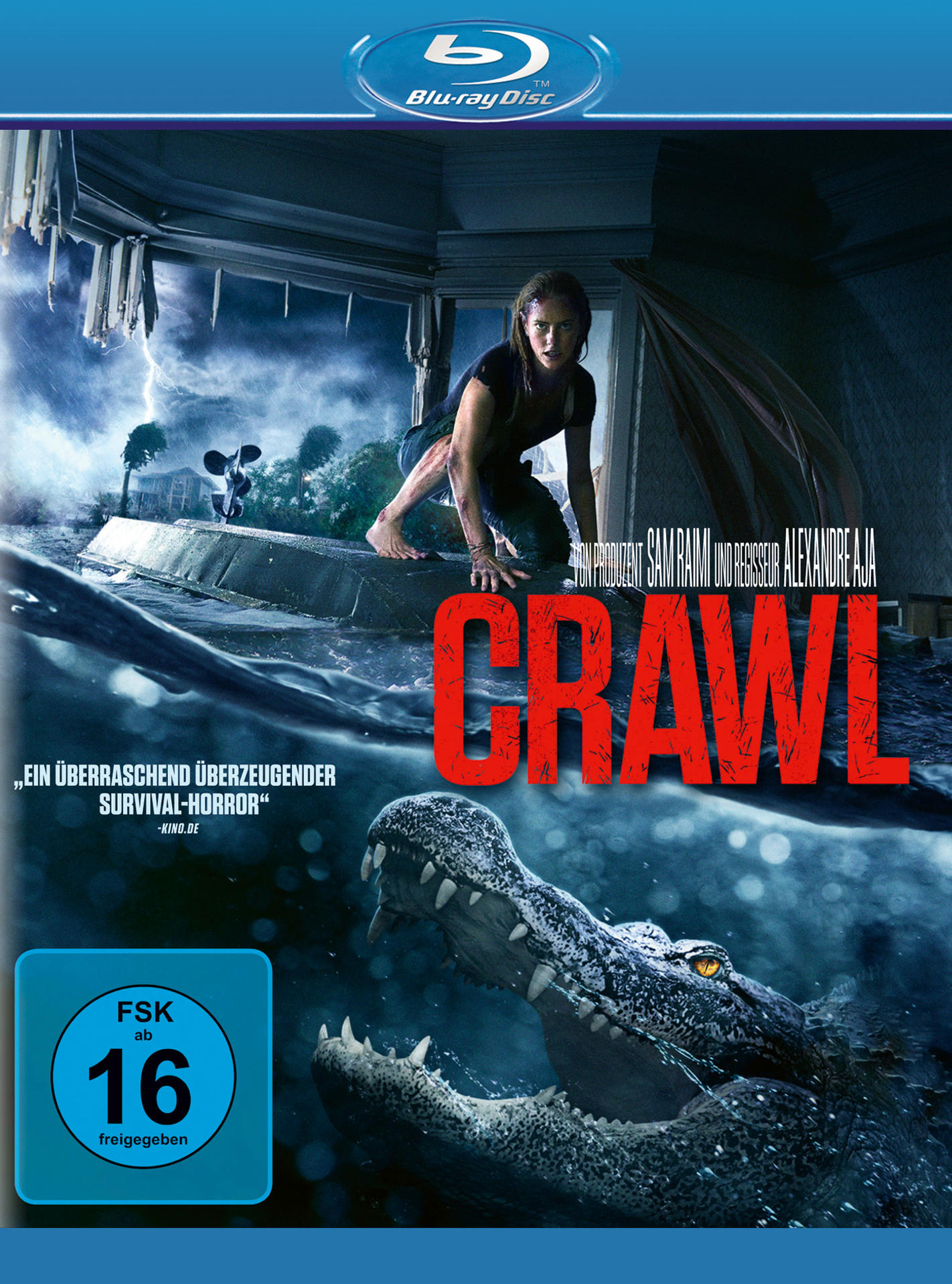 Filmcover: Frau in überflutetem Haus mit Krokodil. Titel 'Crawl' in Rot.