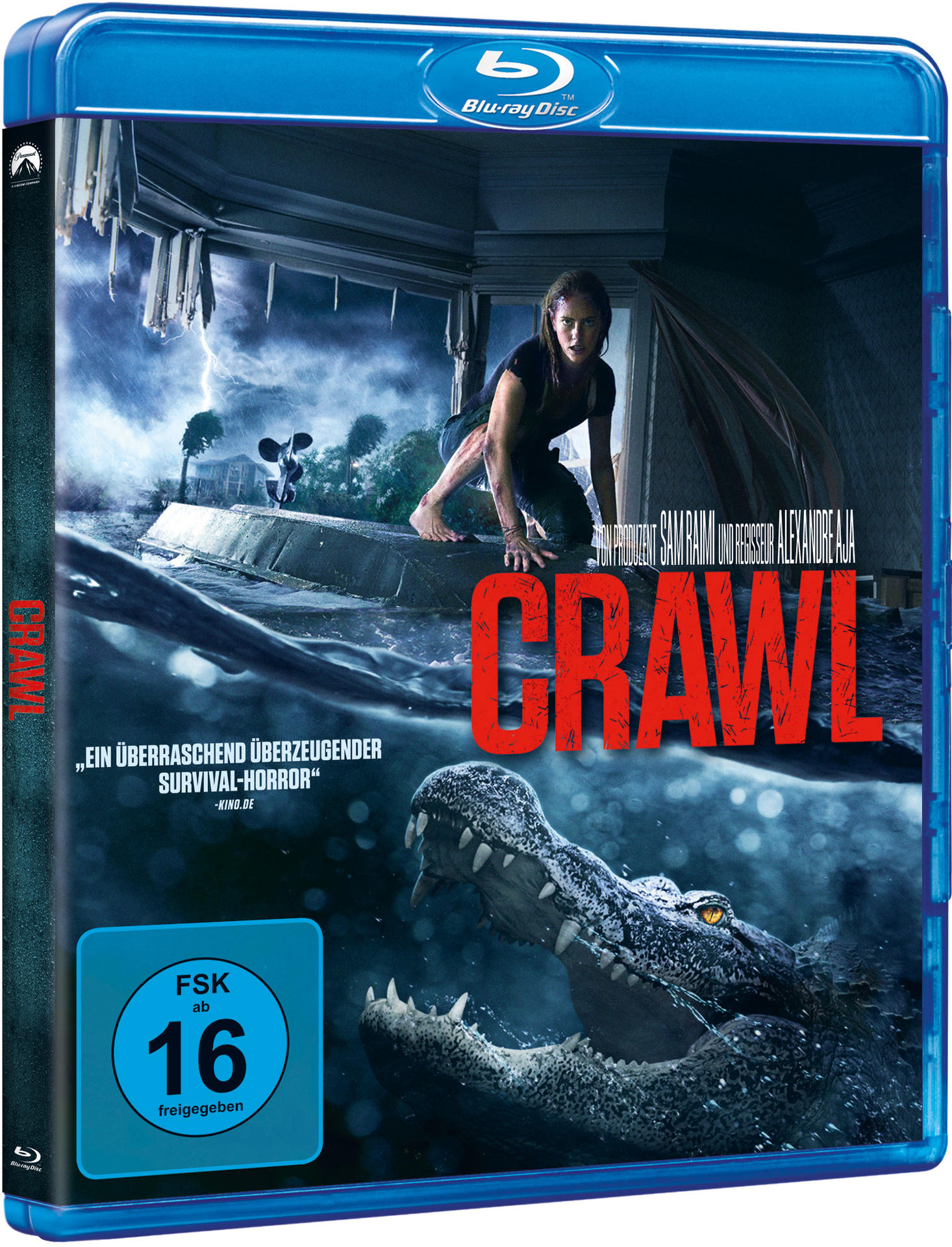 Filmcover: Frau in überflutetem Haus mit Krokodil. Titel 'Crawl' in Rot.