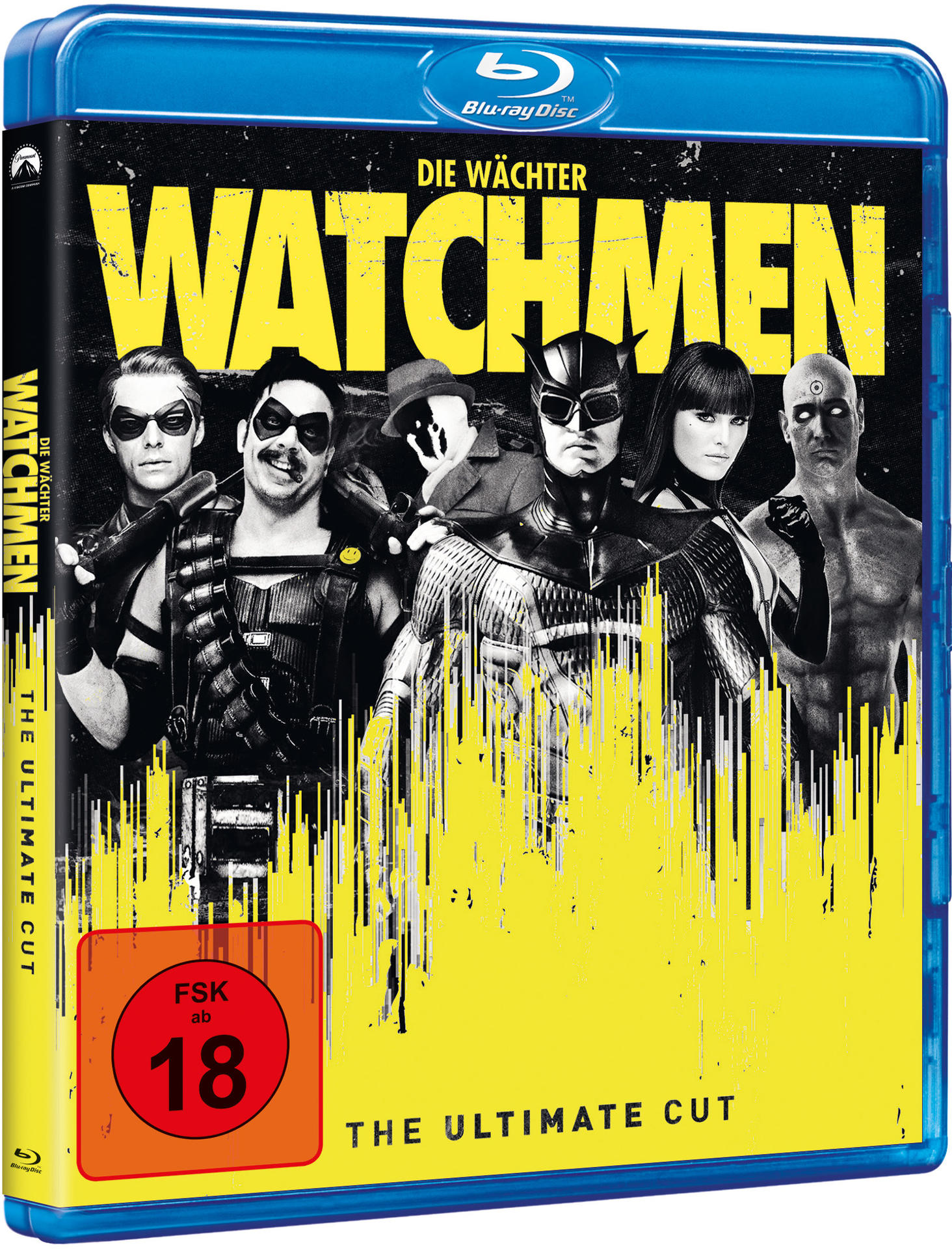 Blu-ray-Disc des Films Watchmen mit Charakteren auf dem Cover. Text ist gelb, und blaue Disc-Hülle.