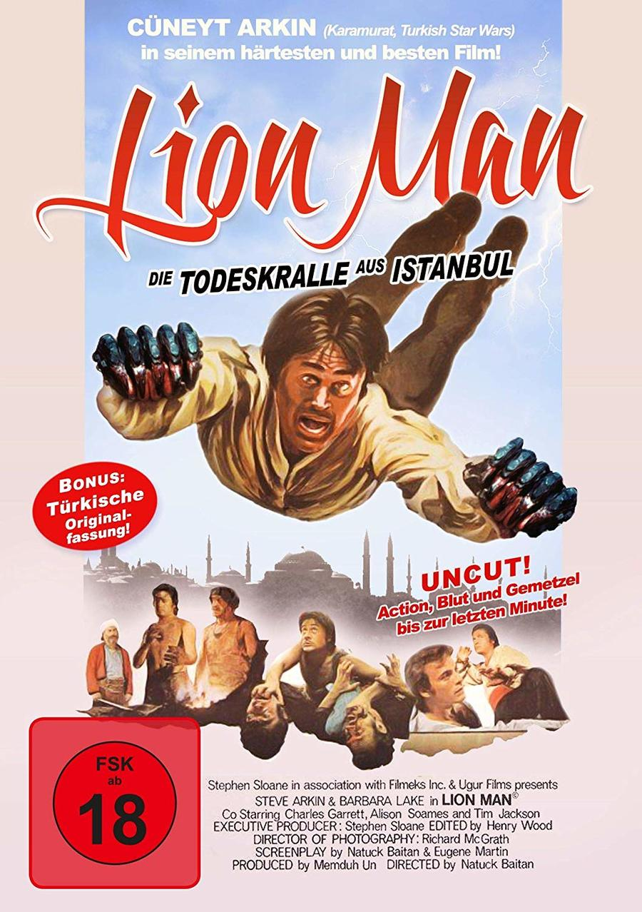 Filmposter mit einem Mann in Aktion mit bedrohlichem Blick, mit anderen Charakteren im Hintergrund.