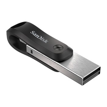 Schwarzer und silberner Sandisk USB-Stick. Der Stick hat ein Drehdesign mit dem Sandisk-Logo.
