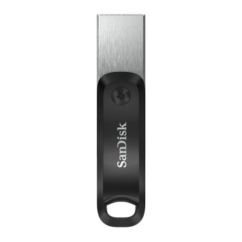 Schwarzer und silberner USB-Stick. Verfügt über ein schlankes Design mit dem 'SanDisk'-Logo.