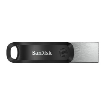 Schwarzer USB-Stick mit silberner Metallspitze und 'SanDisk'-Logo auf weißem Hintergrund.