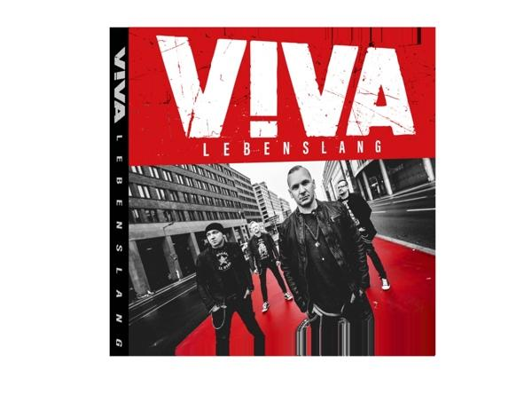 Das Albumcover von VIVA! LEBENSLANG mit einer Band, die vor einer Stadt posiert.