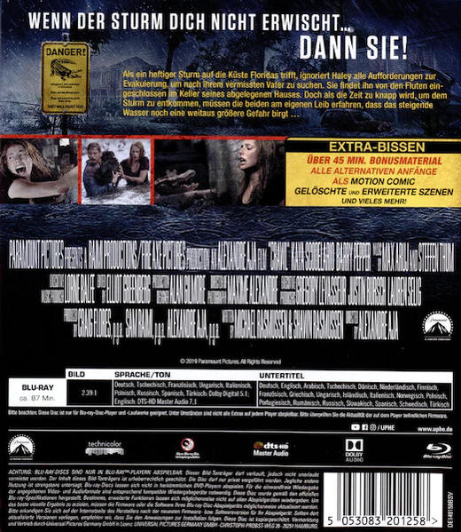 DVD-Rückseite mit Text und Bildern eines überfluteten Gebiets, mit dem Titel 'Crawl'.