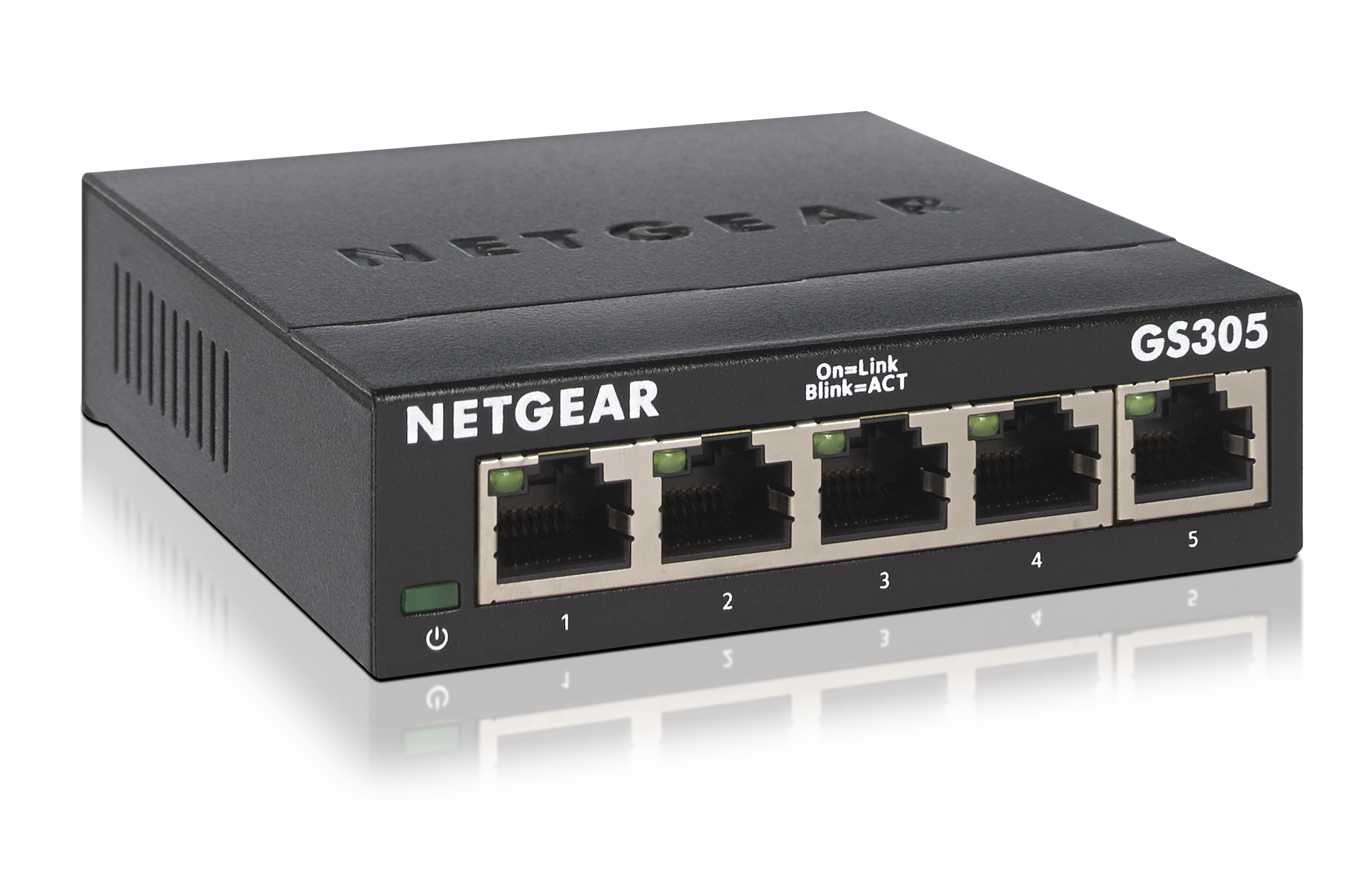 Black NETGEAR GS305 network switch. Five ports, power indicator, and the NETGEAR logo.