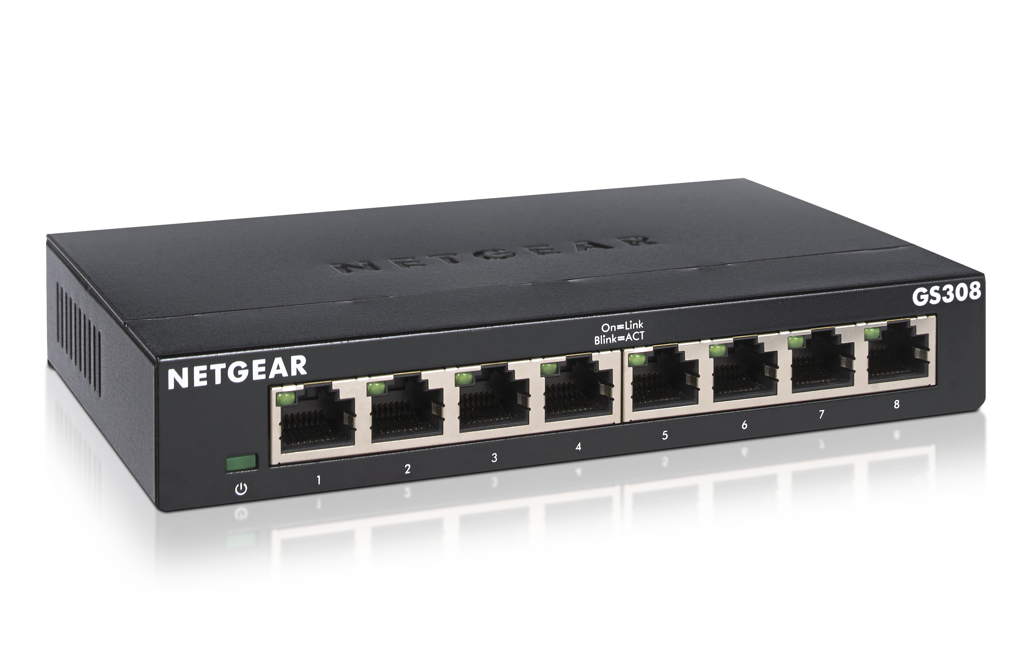 Black network switch with ethernet ports.
