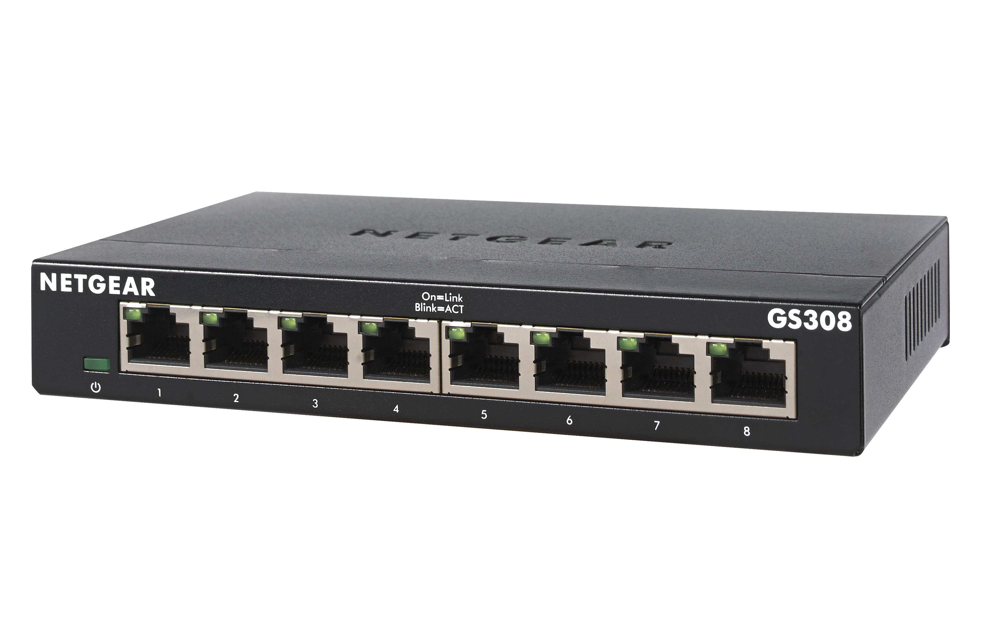 A black network switch with ports and a power button. The brand name is Netgear.