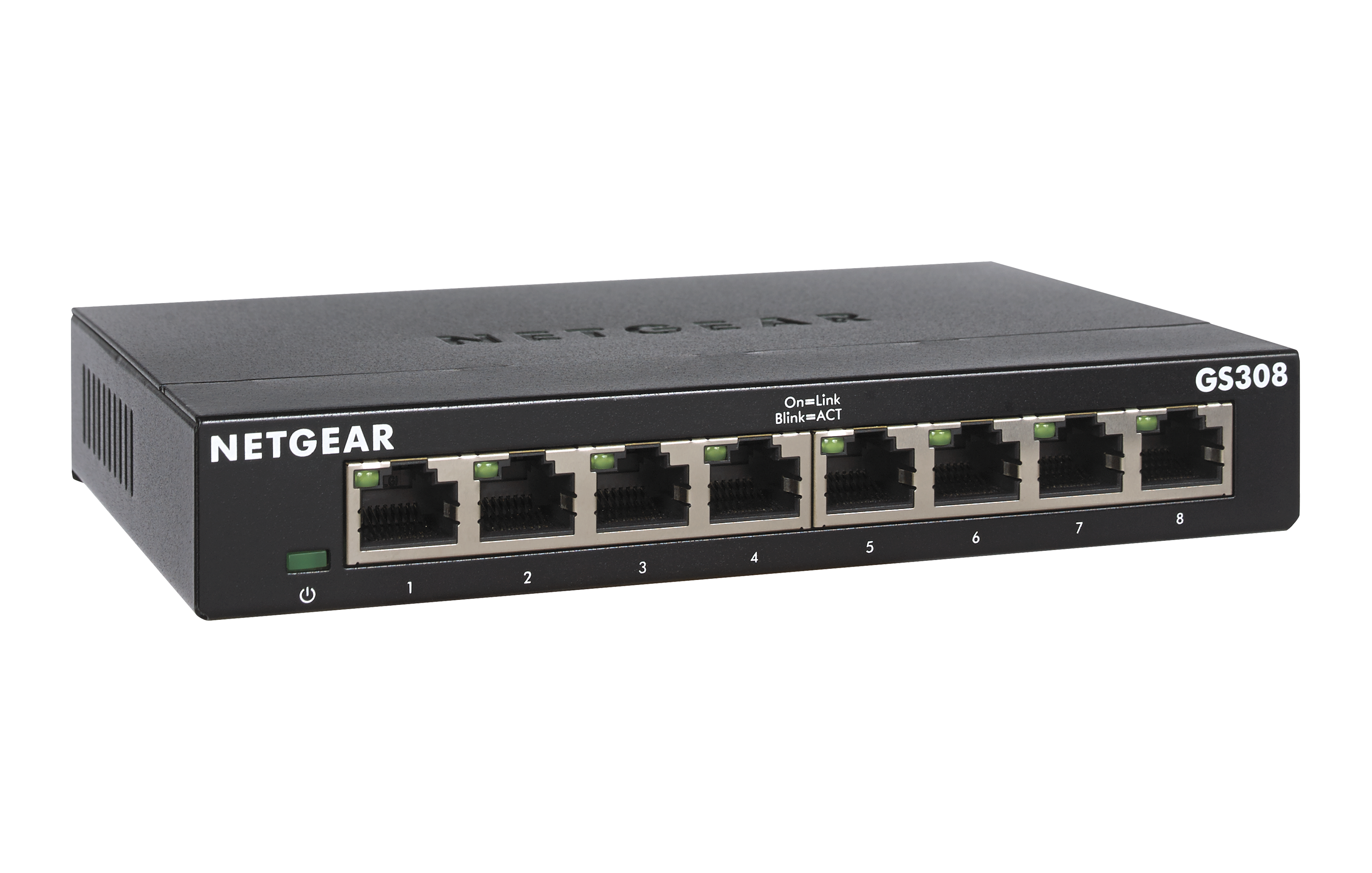 Black NETGEAR GS308 switch with 8 ports and a green power light.