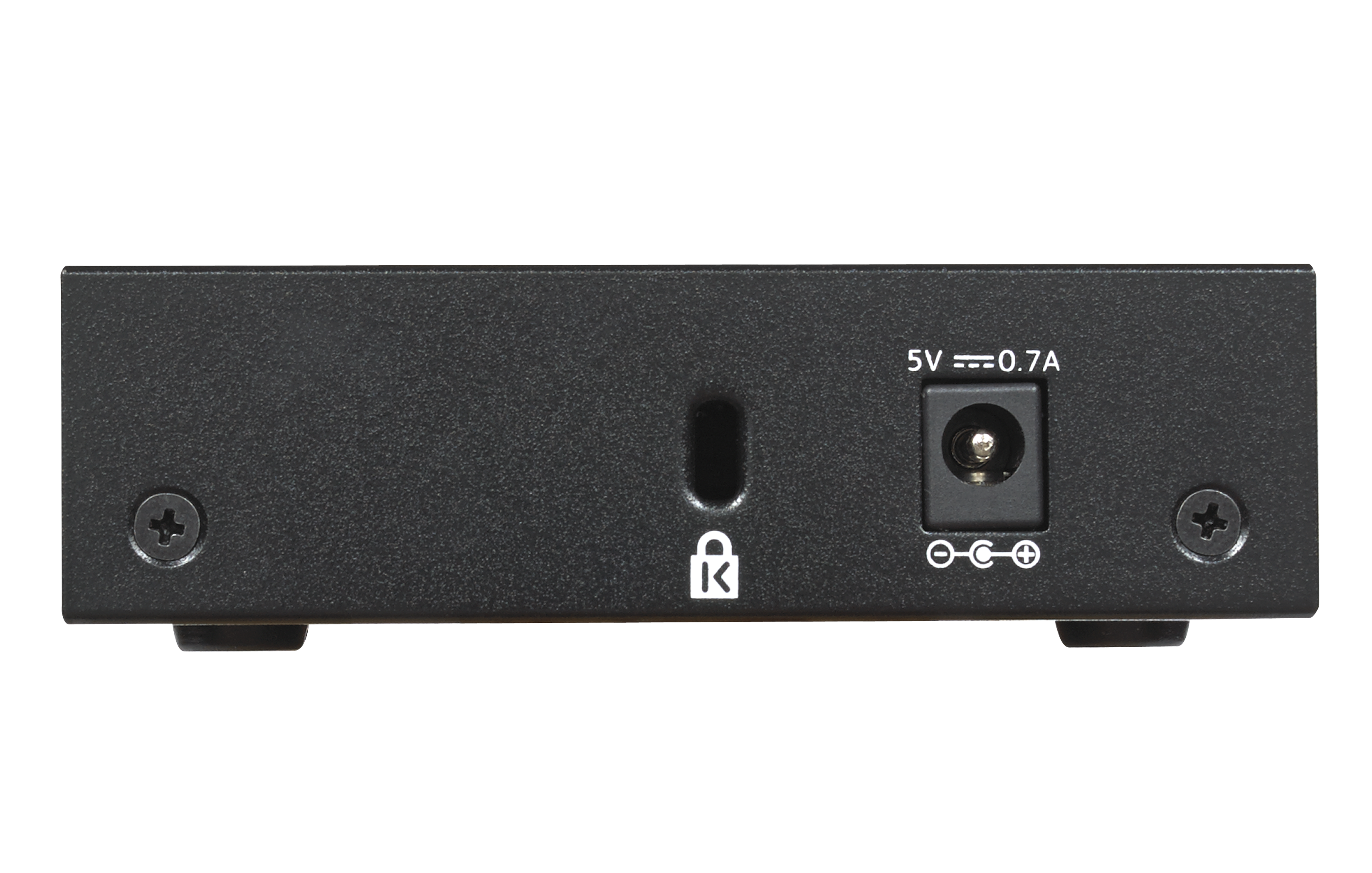 The back of a black network device with a power port and screw holes.