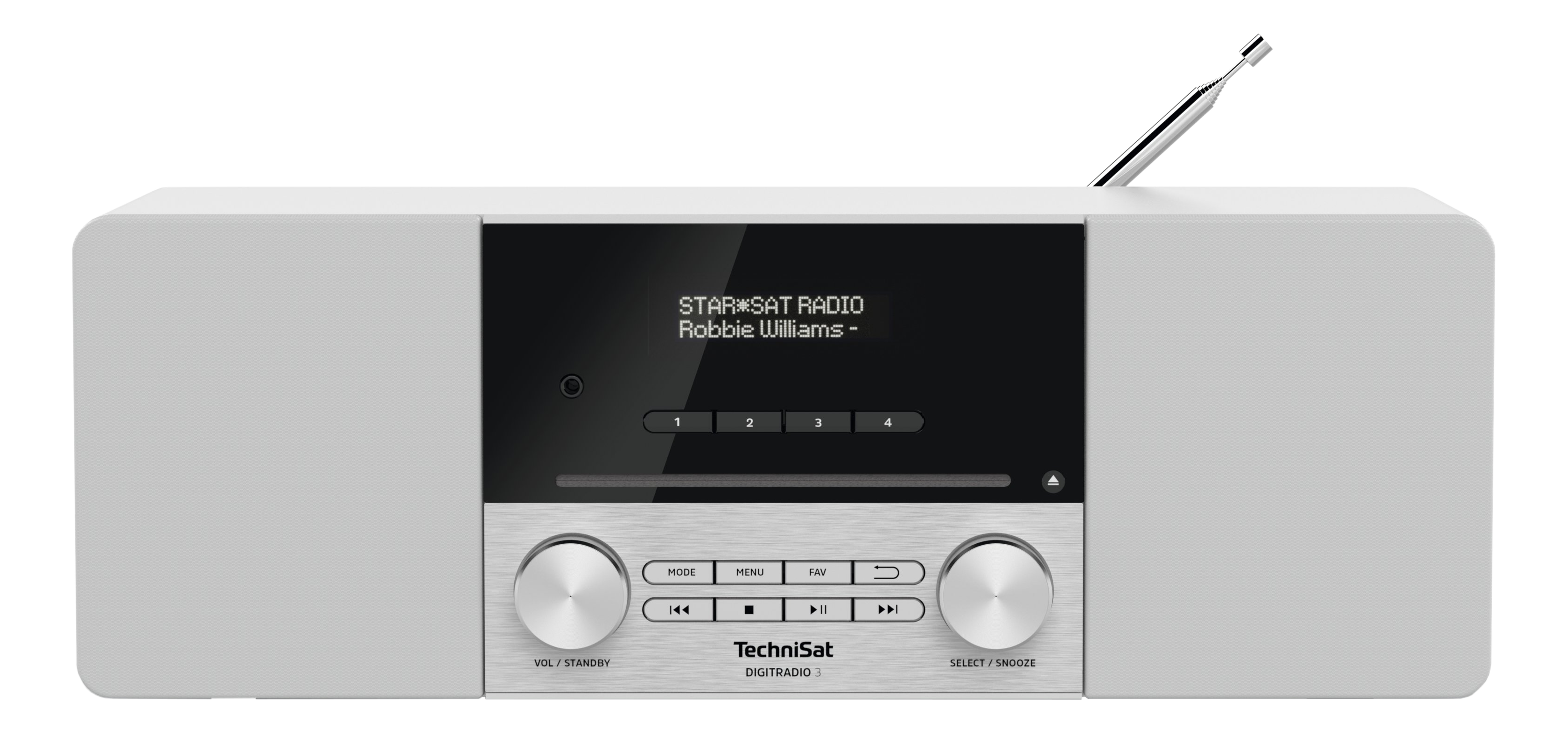 Weißes Radio mit Display, Knöpfen und Antenne. Text: STAR*SAT RADIO, Robbie Williams.