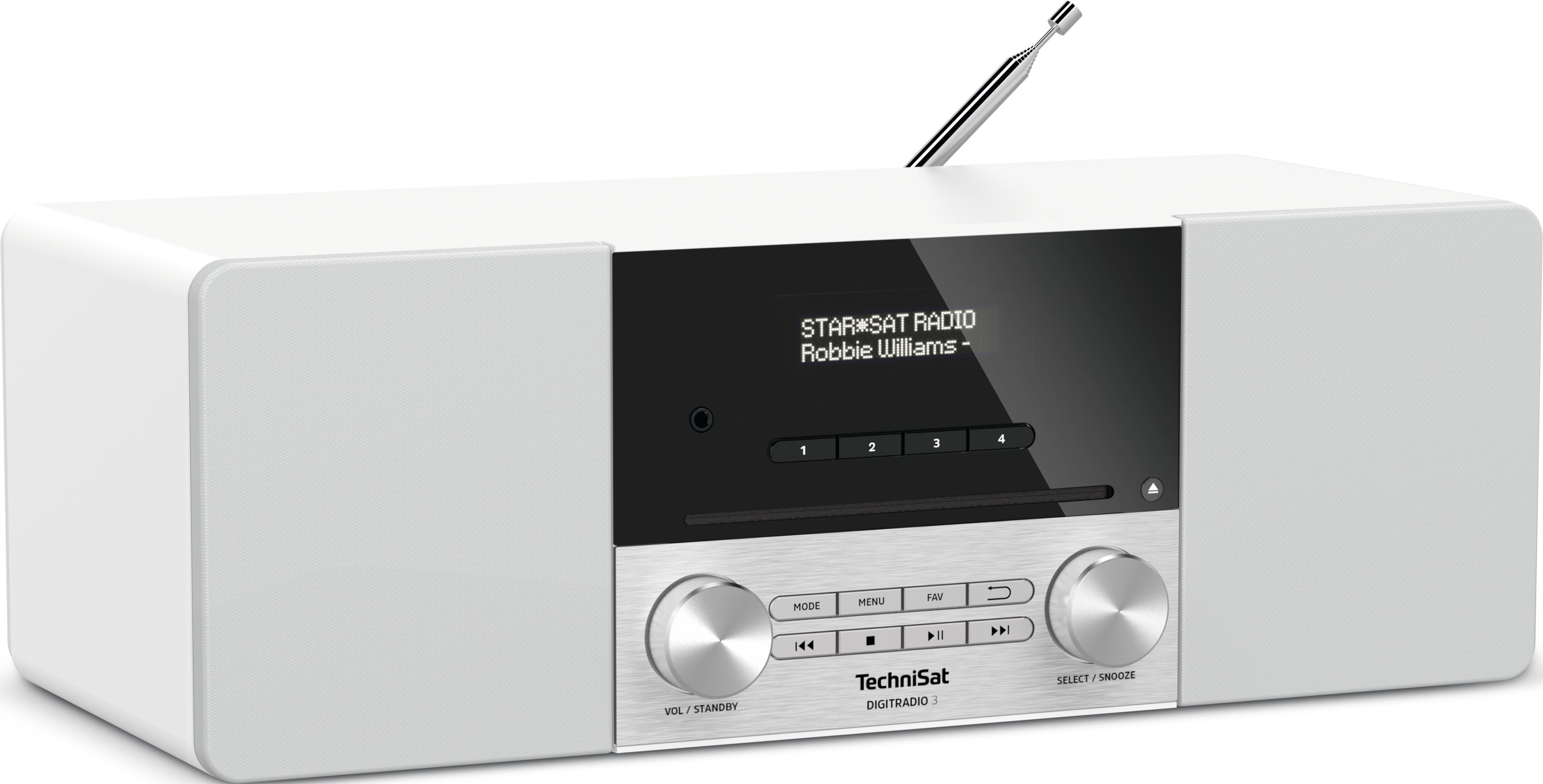 Weißes Digitalradio mit einem Bildschirm, der den Stationsnamen anzeigt. Es hat Knöpfe und eine kleine Antenne.