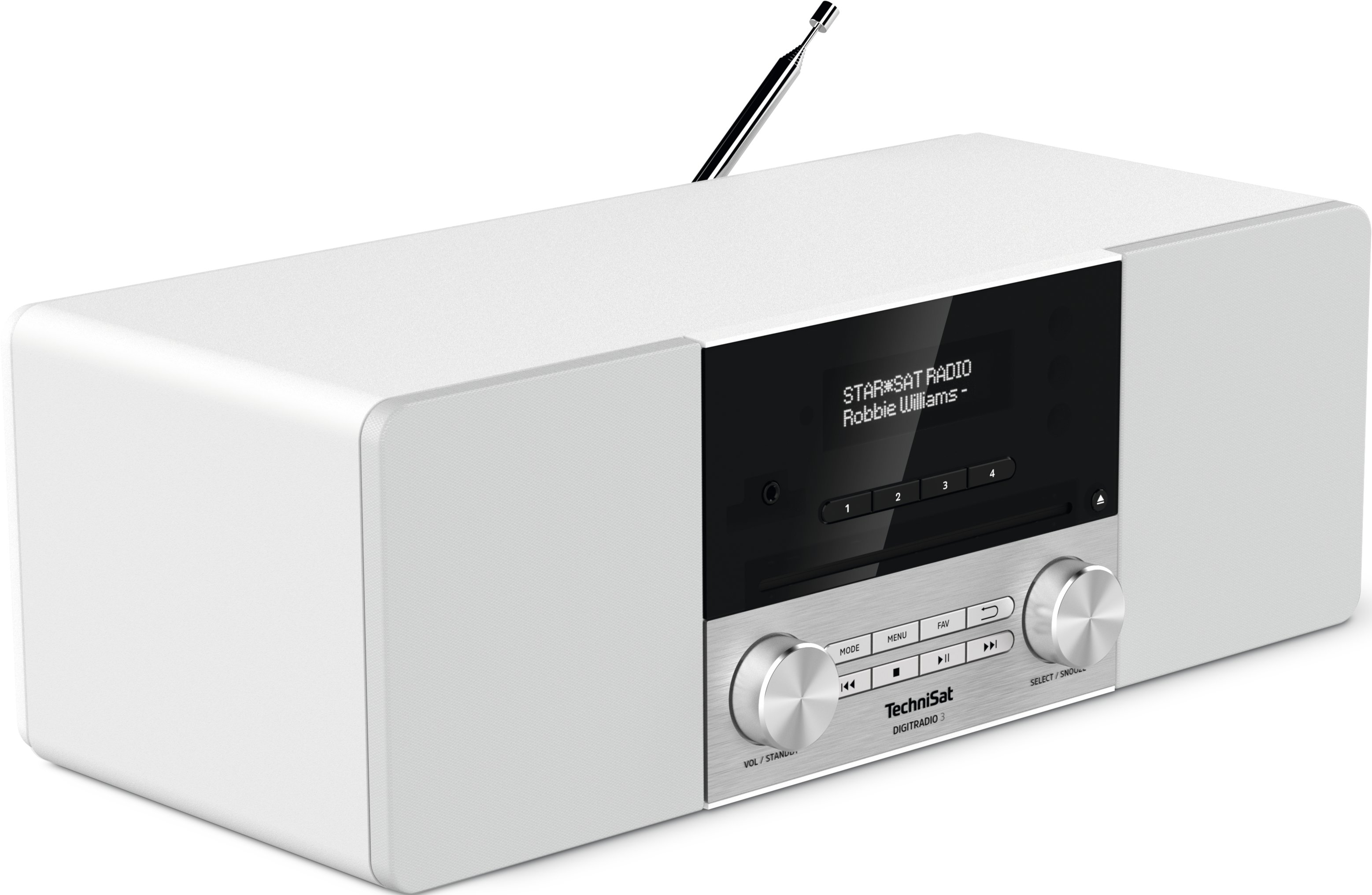 Weißes Technisat-Radio, schwarzes Display, silberne Knöpfe und Antenne.