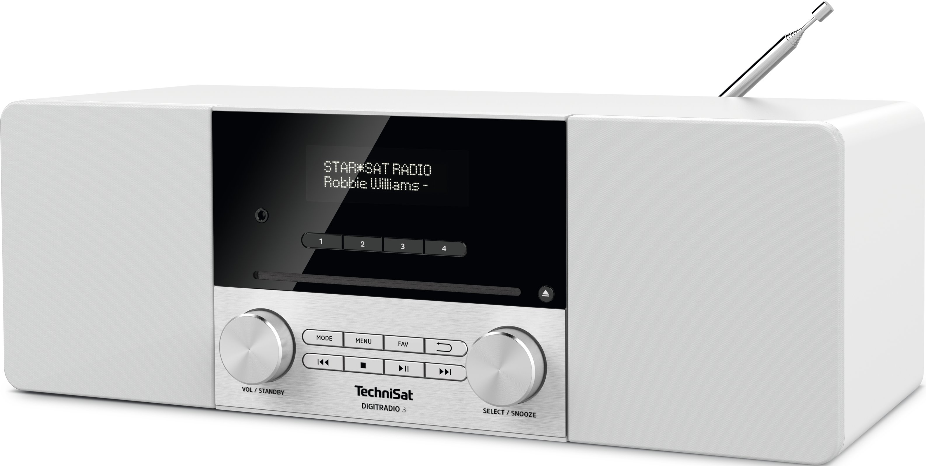 Weißes TechniSat Radio mit Display, das Radiosender und Williams zeigt.