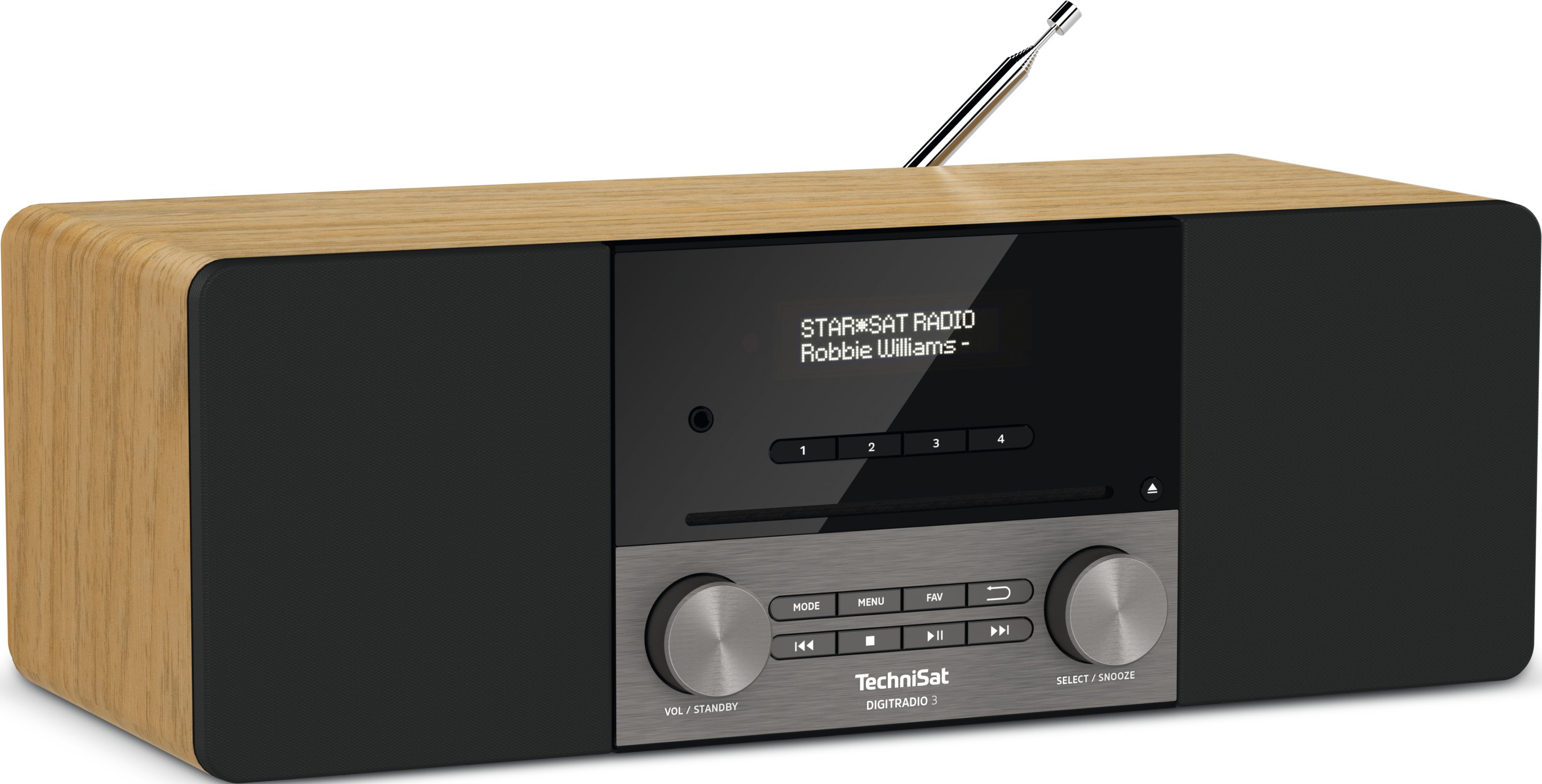 Holzradio mit schwarzer Frontplatte. Der Bildschirm zeigt den Namen des Radiosenders und den Song an.