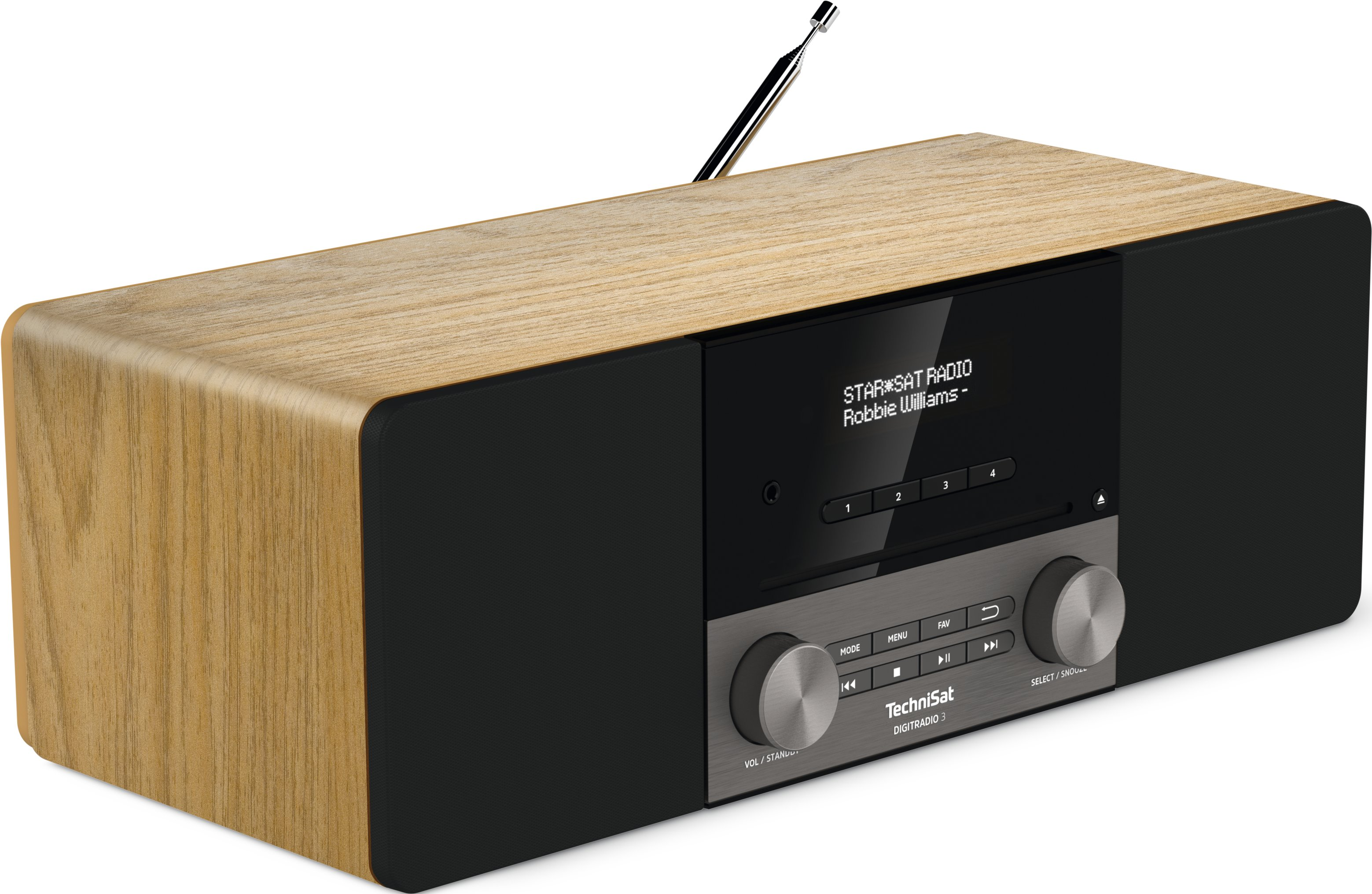 Ein Holz- und schwarzes Radio mit Bildschirm und Knöpfen. Es steht 'STAR SAT RADIO'.
