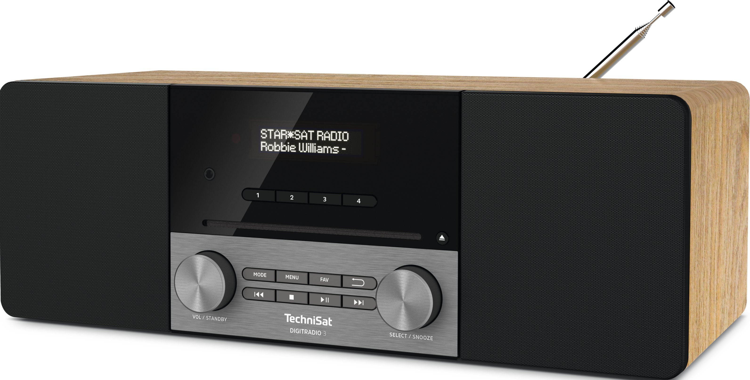 Ein kleines silbernes und holzfarbenes Radio mit Display.