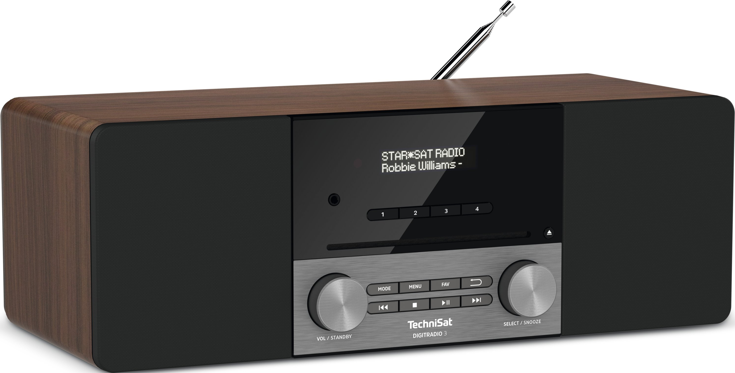 Ein braunes und schwarzes Radio mit Digitalanzeige und Knöpfen. Antenne oben.