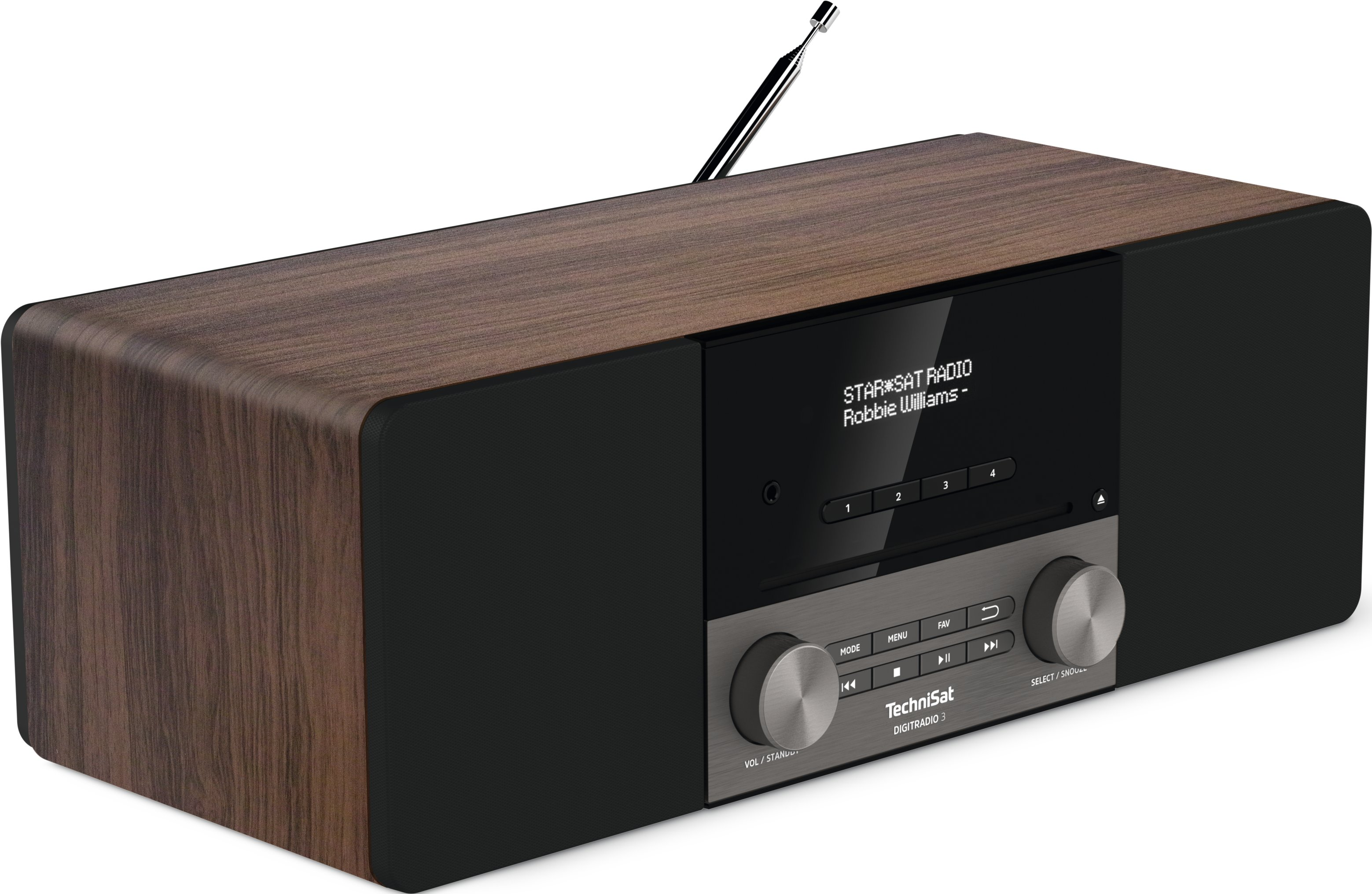 Ein hölzernes und schwarzes Radio mit einem Bildschirm und mehreren Knöpfen auf weißem Hintergrund.