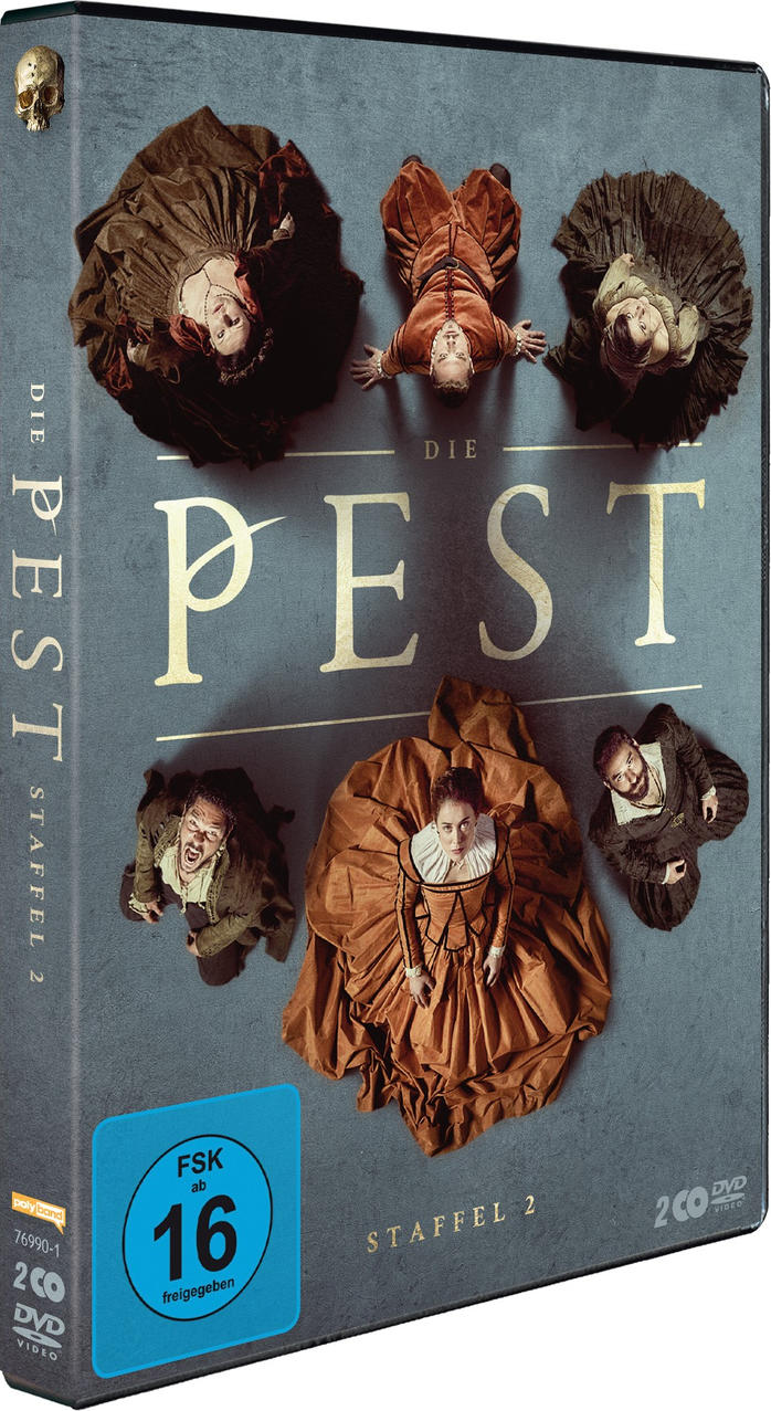 DVD-Cover für die Fernsehserie Die Pest, mit sechs Personen in historischen Kostümen. Das Cover ist dunkelblau.