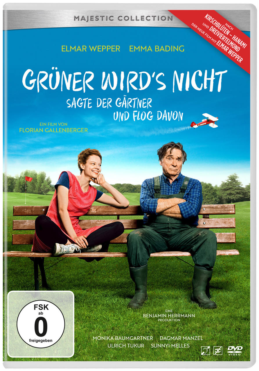 DVD-Cover mit einem Mann und einer Frau auf einer Bank. Text: Grüner wird's nicht sagte der Gärtner und flog davon.