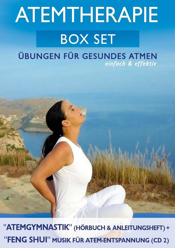 Atemtherapie Box-Set-Cover: Frau meditiert mit geschlossenen Augen, Text und blauer Hintergrund.
