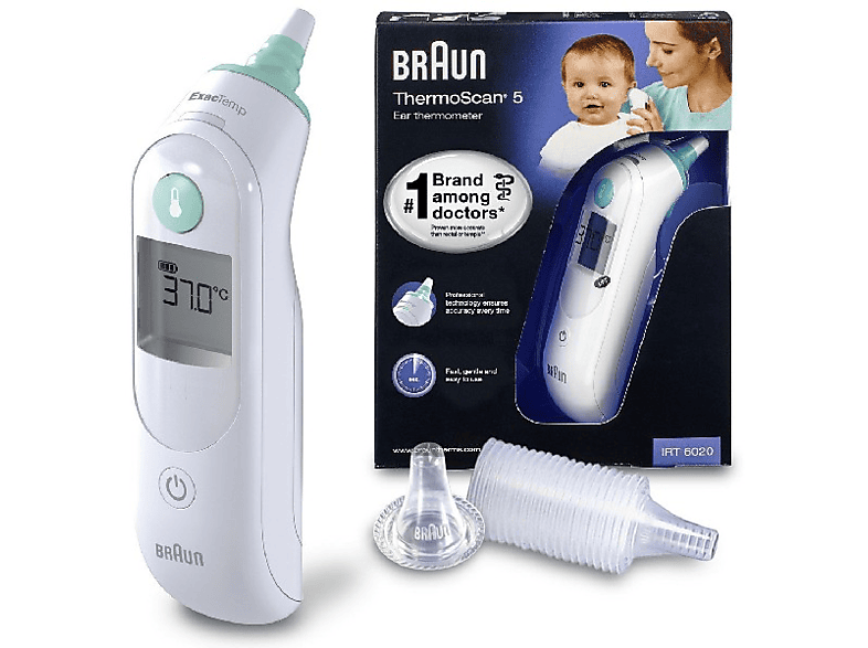 Termometro - Braun IRT6020MNLA, De oreja, Infrarrojo, Pantalla LCD, Pilas, Blanco