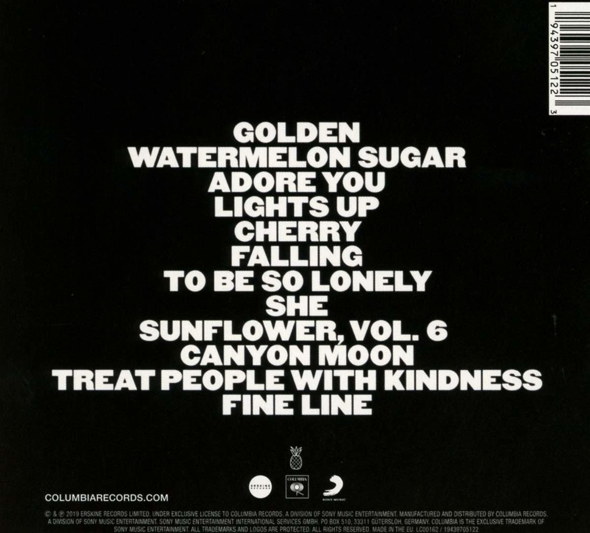 Schwarzes CD-Cover mit Songtiteln wie 'Golden', 'Watermelon Sugar' und 'Fine Line'.