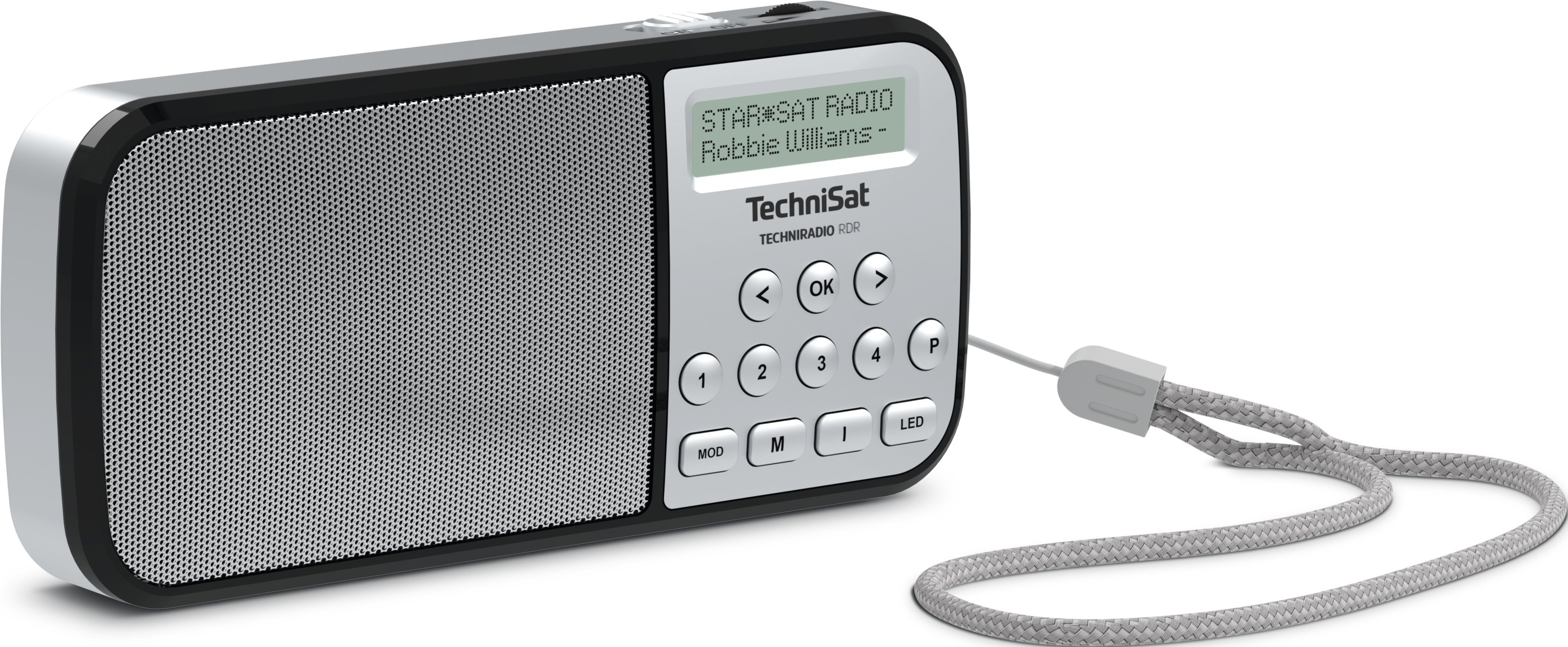 Ein TechniSat-Radio mit Bildschirm, auf dem 'STAR SAT RADIO' steht. Es hat Knöpfe und einen grauen Riemen.