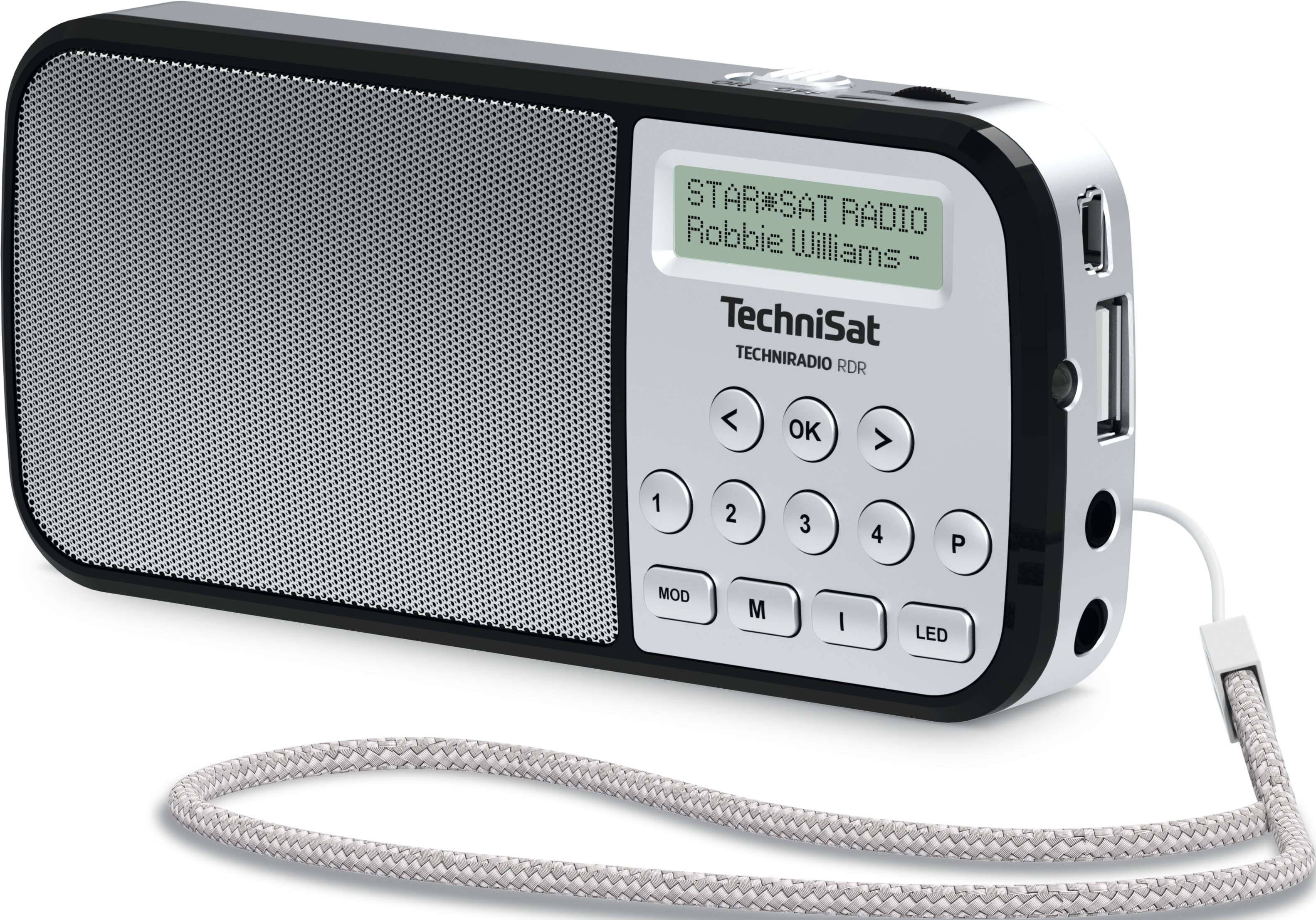Ein TechniSat-Radio mit Bildschirm, der 'STAR*SAT RADIO Robbie Williams' anzeigt. Es hat Knöpfe und einen Gurt.